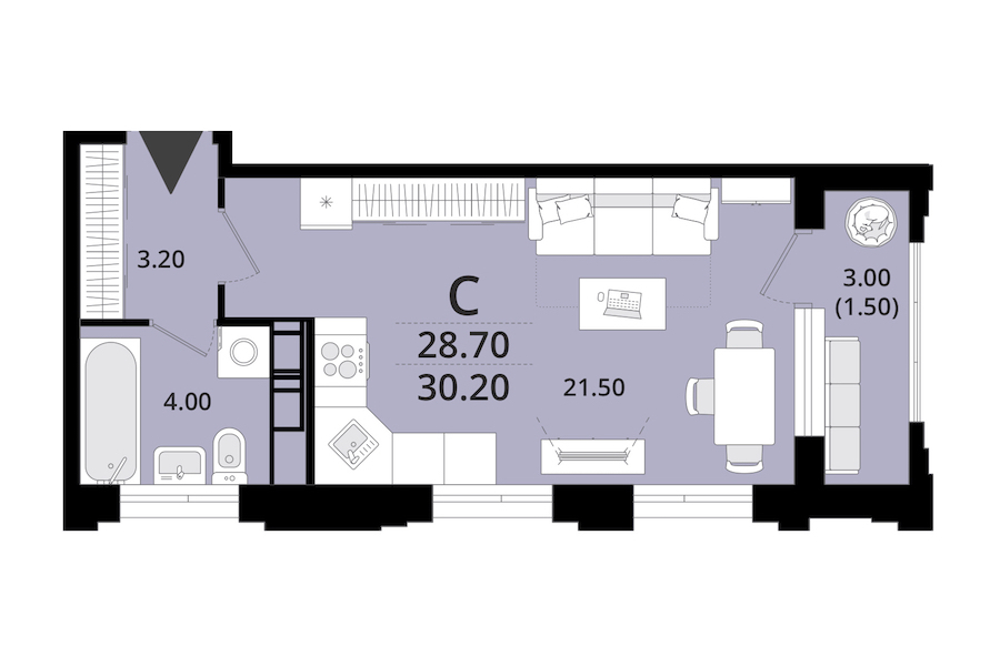 Квартира студия 30.2 м², 10/13 эт., ЖК «Тайм Сквер»